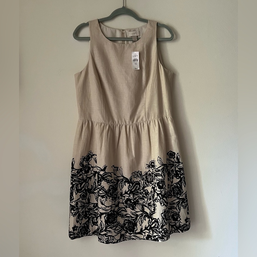 NWT Ann Taylor LOFT Beige & Black Floral Linen Blend Sleeveless Dress Size 10